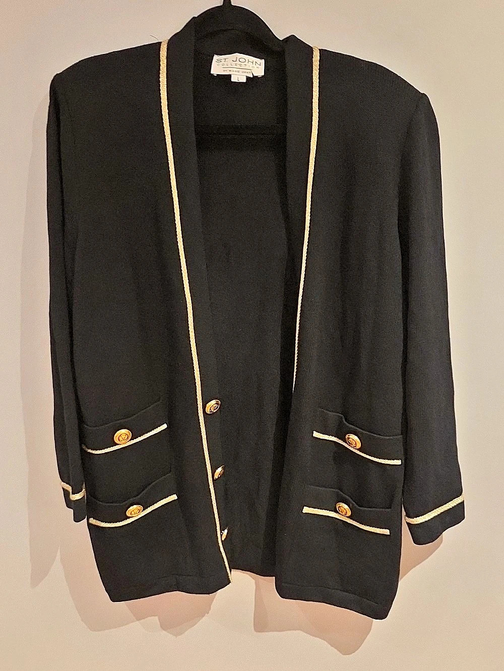 St. John CollectionBy Marie Gray Black With Gold Trim Button Blazer Size L Large